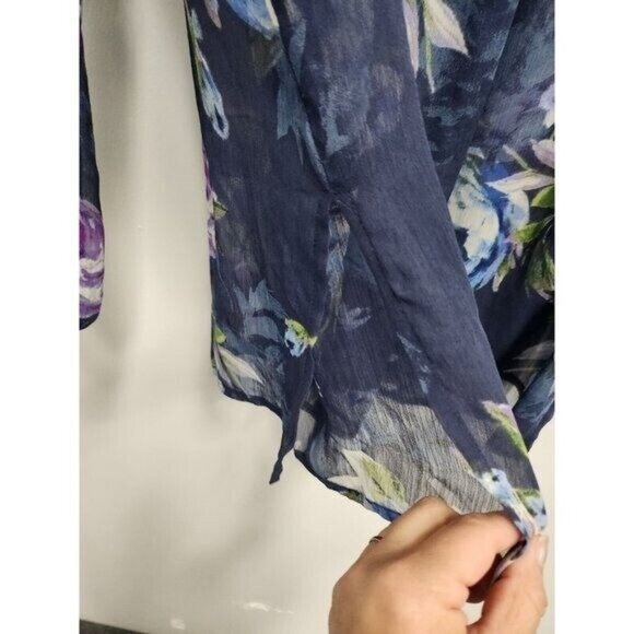 Susan Graver Womens BOHO Blouse Top Medium NavyFloral Sheer Chiffon Long Sleeve - Picture 5 of 11
